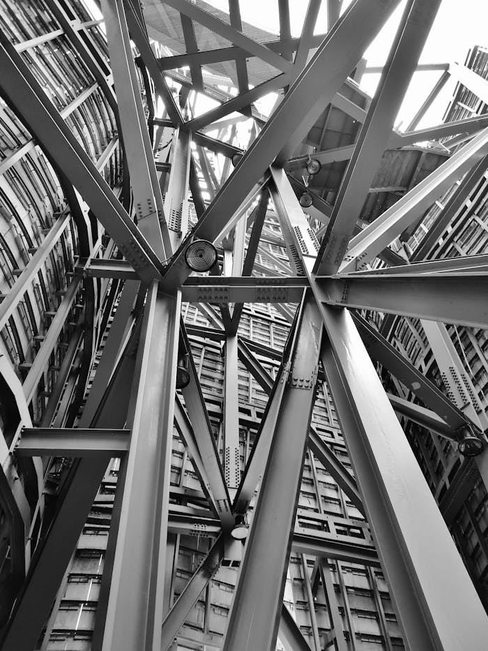 gallery-5 A detailed view of a complex steel framework showcasing modern industrial architecture.
